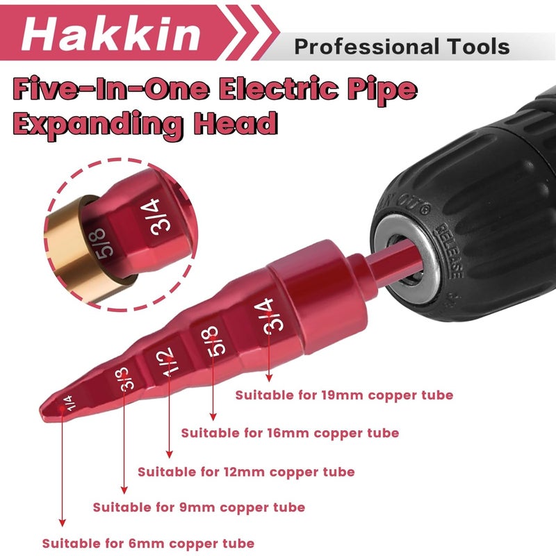 Hakkin Swaging Tool Drill Bits, 8PCS HVAC Repairing Tools with 5 in 1 Copper Tube Expander 1/4'', 3/8'',1/2'',5/8'',3/4'',7/8'' Bits Set, Hex Shank Copper Pipe Expander Flaring Tool with Tool Gloves - Image 4